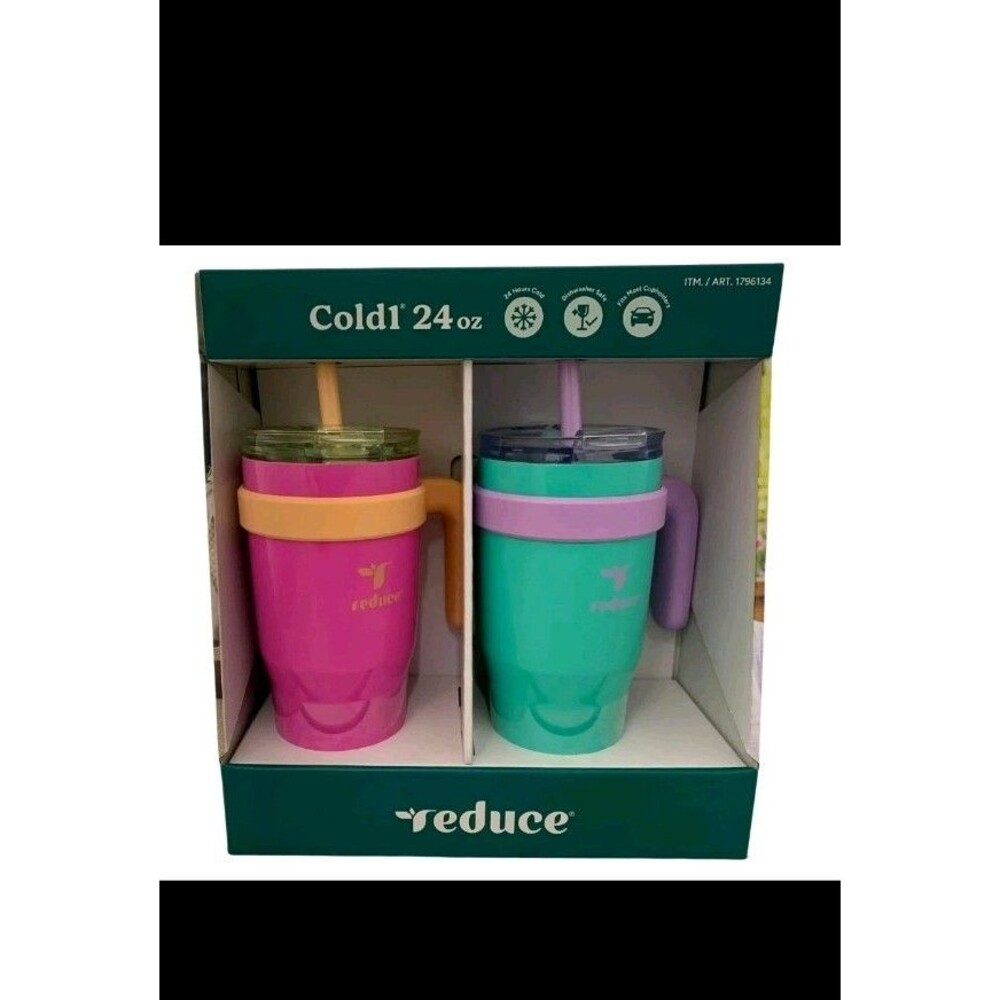 Reduce Cold1 24oz Tumbler w/ Straw 2Pk 24Hrs Cold Pink & Teal Fits Most Cupholdr